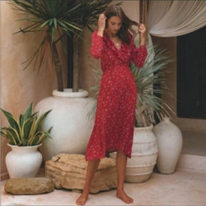 Aura Red Size Small Women Floral Print Long Sleeve Ruffle V Neck Midi Dress